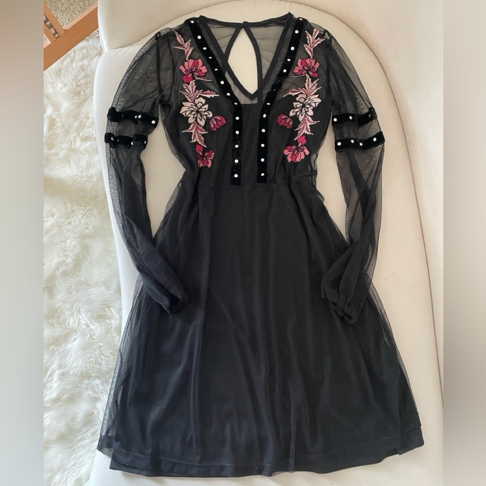 River Island Beautiful Black Crochet Dress with Red & White Flower Details Small